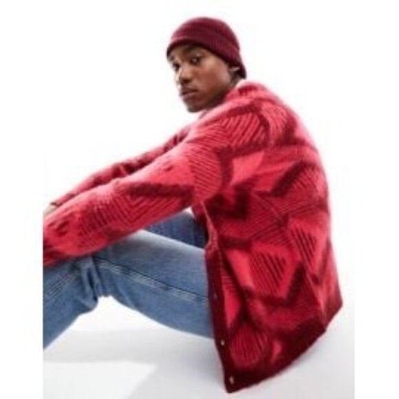 ASOS DESIGN Men's Knitted Relaxed Fluffy Cardigan with Tile Print Size L In Pink - Picture 1 of 6